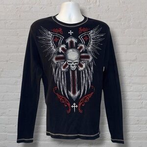 Vintage Y2K No Boundaries Skull Cross Wing Long Sleeve Thermal  Black Red - XL